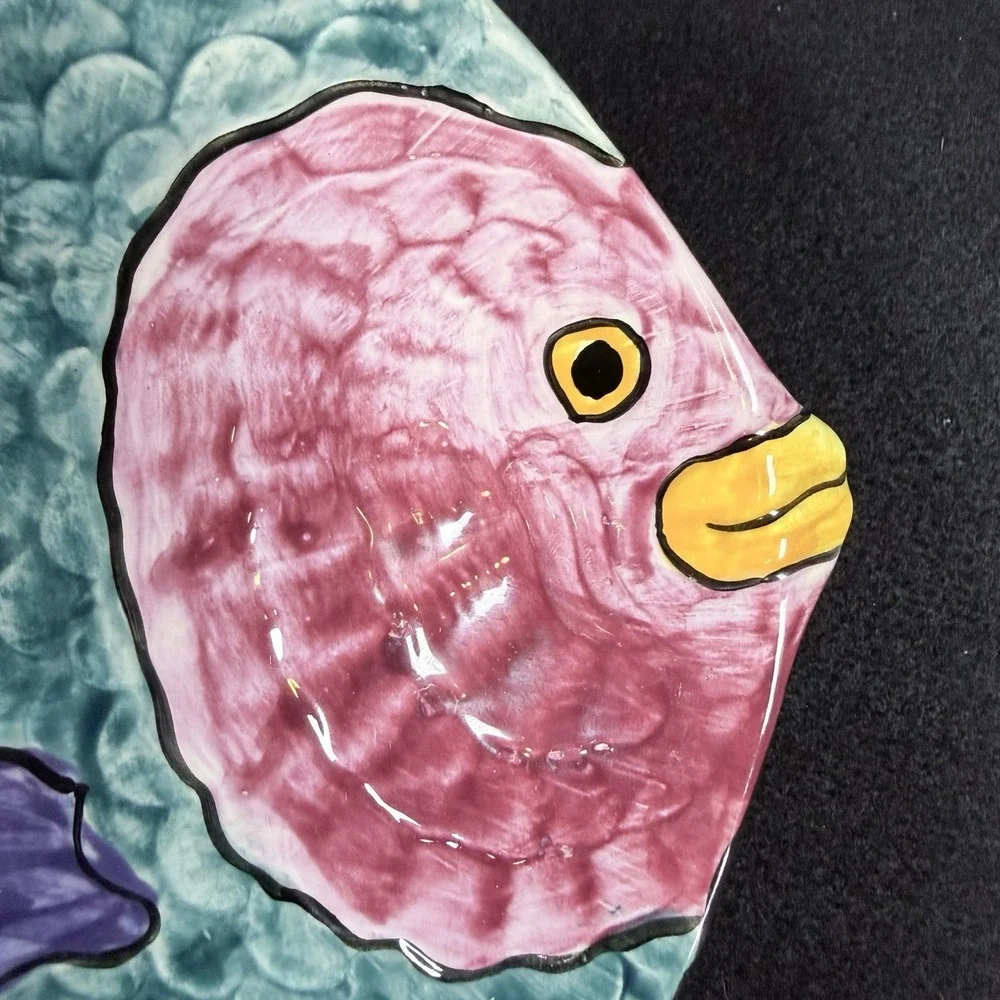 Vintage KOK 1991 Hand Painted Ceramic Fish Wall Hanging Platter Teal Pink Purple